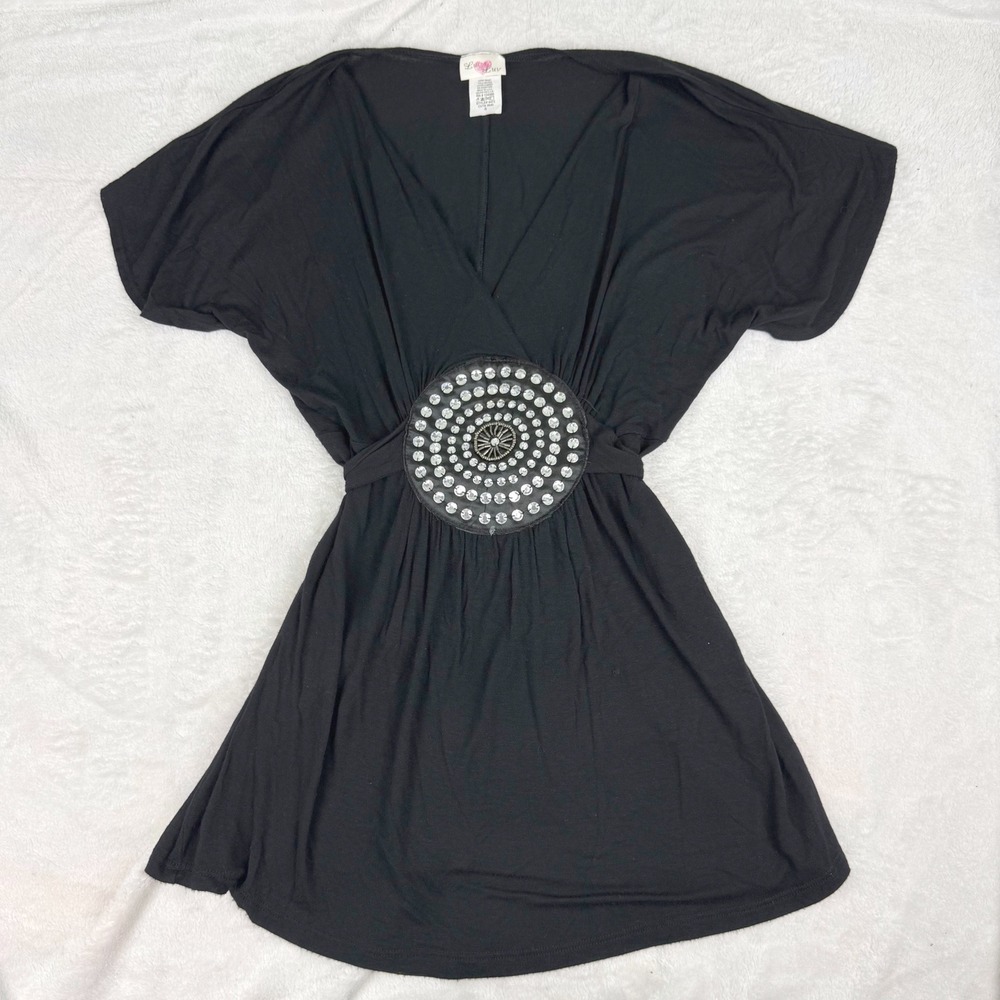 Luv Luv Black Rhinestone Medallion Y2K Bling V-Neck Tunic Top Short Sleeve Sz S